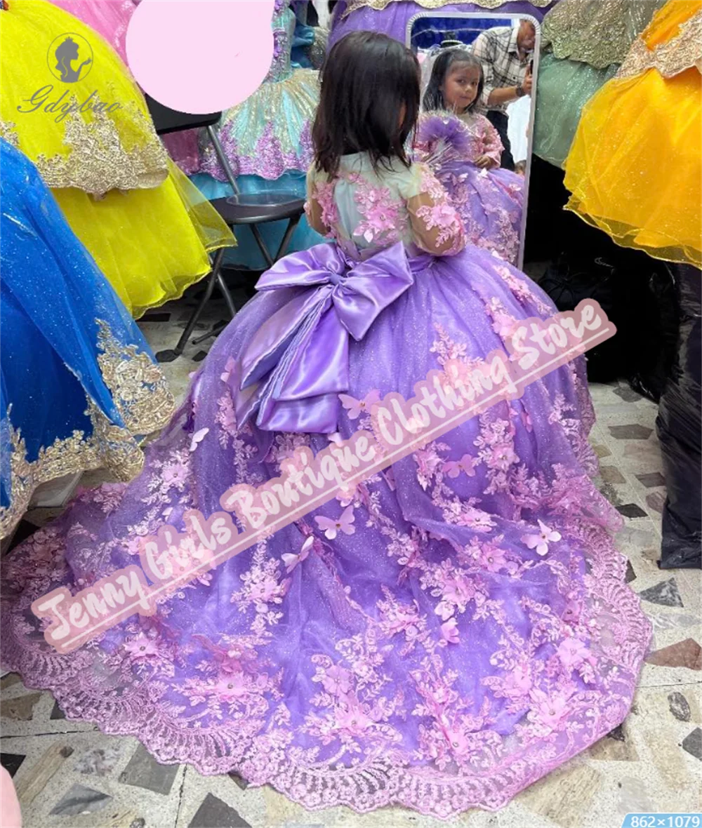 핑크 아플리케 소녀 생일 웨딩 플라워 걸 드레스 푹신한 긴 소매 귀여운 첫 성찬식 웨딩 댄스 파티 맞춤