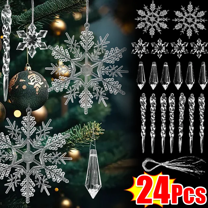 Clear Crystal Snowflake Icicle Pendants Acrylic Shiny DIY Christmas Tree Hanging Ornament Navidad New Year Party Home Decoration