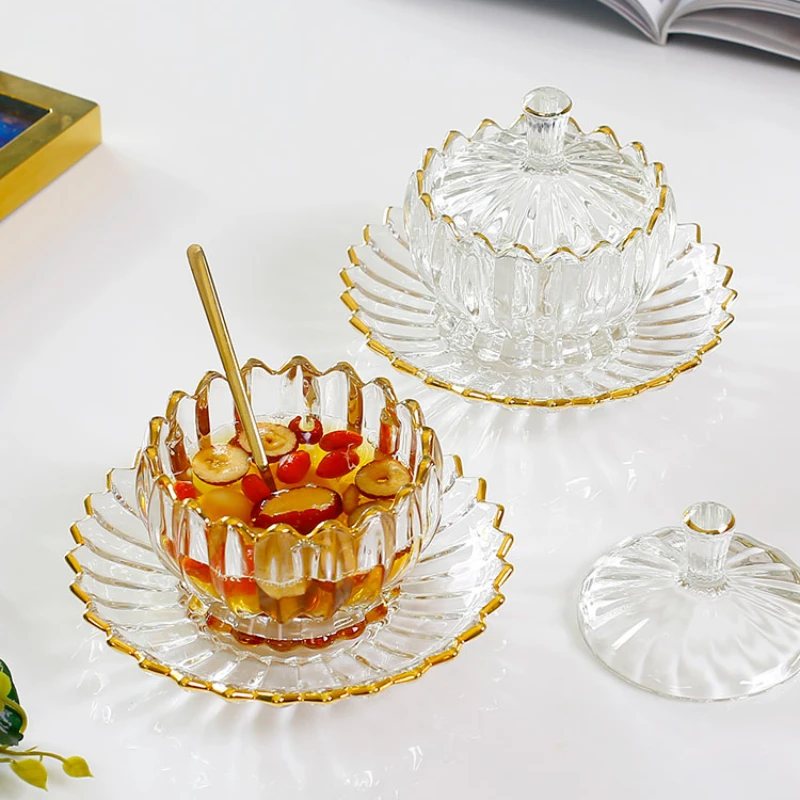 Best Sell Light Luxury Nordic Golden Edged Transparent Crystal Glass Dessert Bowl with Cover Bird's-nest Cup Exquisite Tableware