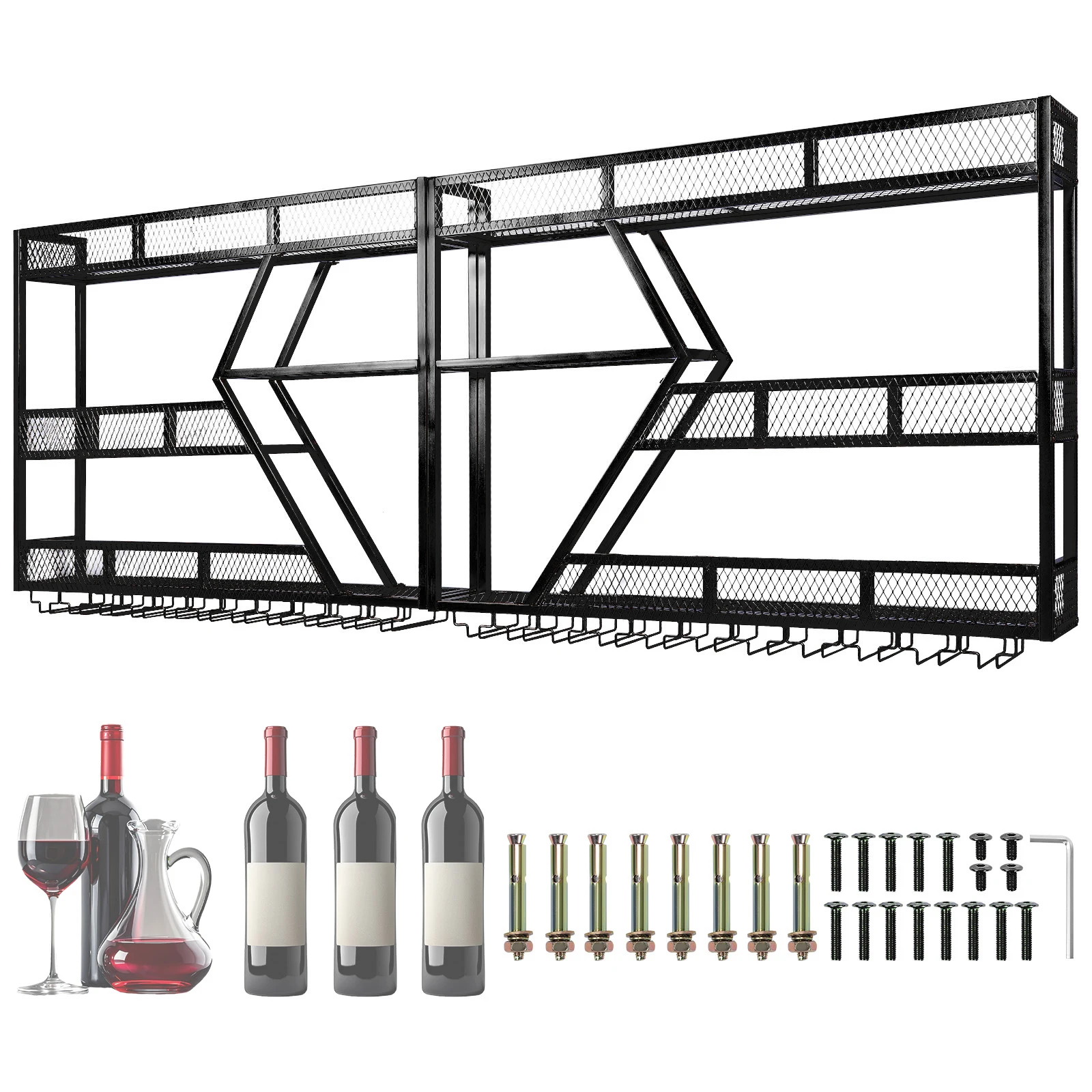 

3/4 Tier Wall Mounted Wine Rack Metal Hanging Wine Bottles Display Shelf with Glass Holder for Home Kitchen Dining Room