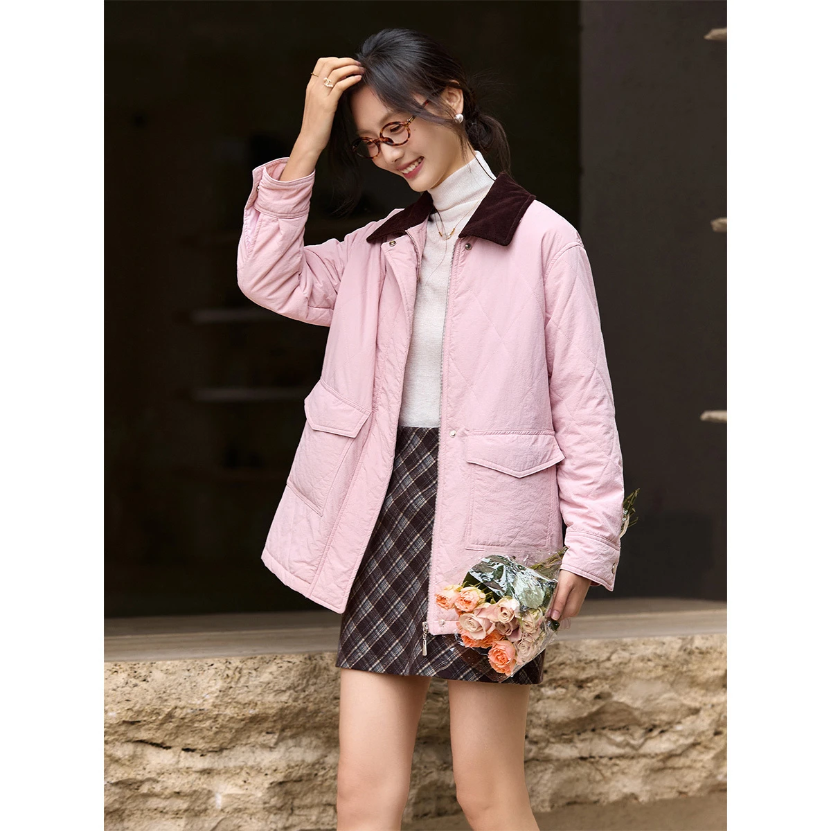 VIMLY موضة أبلى للنساء 2025 التلبيب طوق التباين اللون مبطن سميكة سترة فضفاضة تناسب المرأة الشتاء سترة A3776