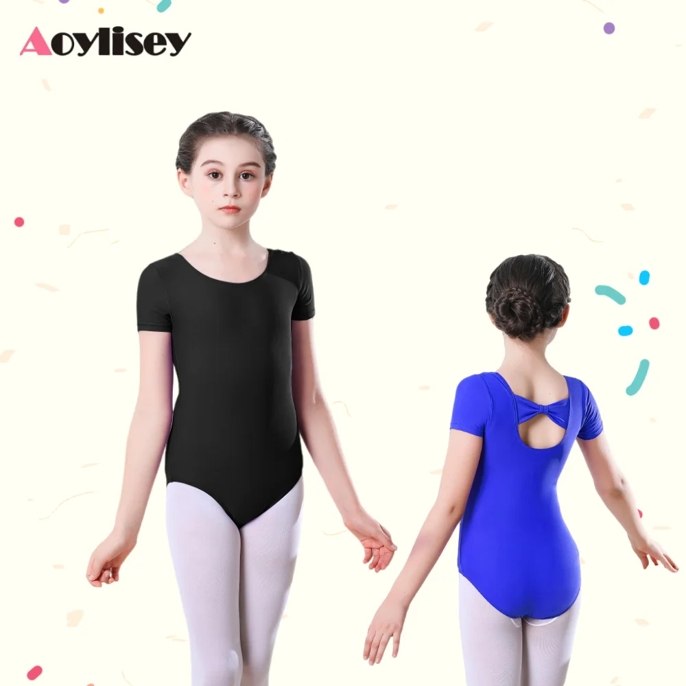 리본이 달린 어린이 발레 댄스 레오타드 유아용 반팔 체조 훈련 바디수트 새로운 스타일 댄스 의상