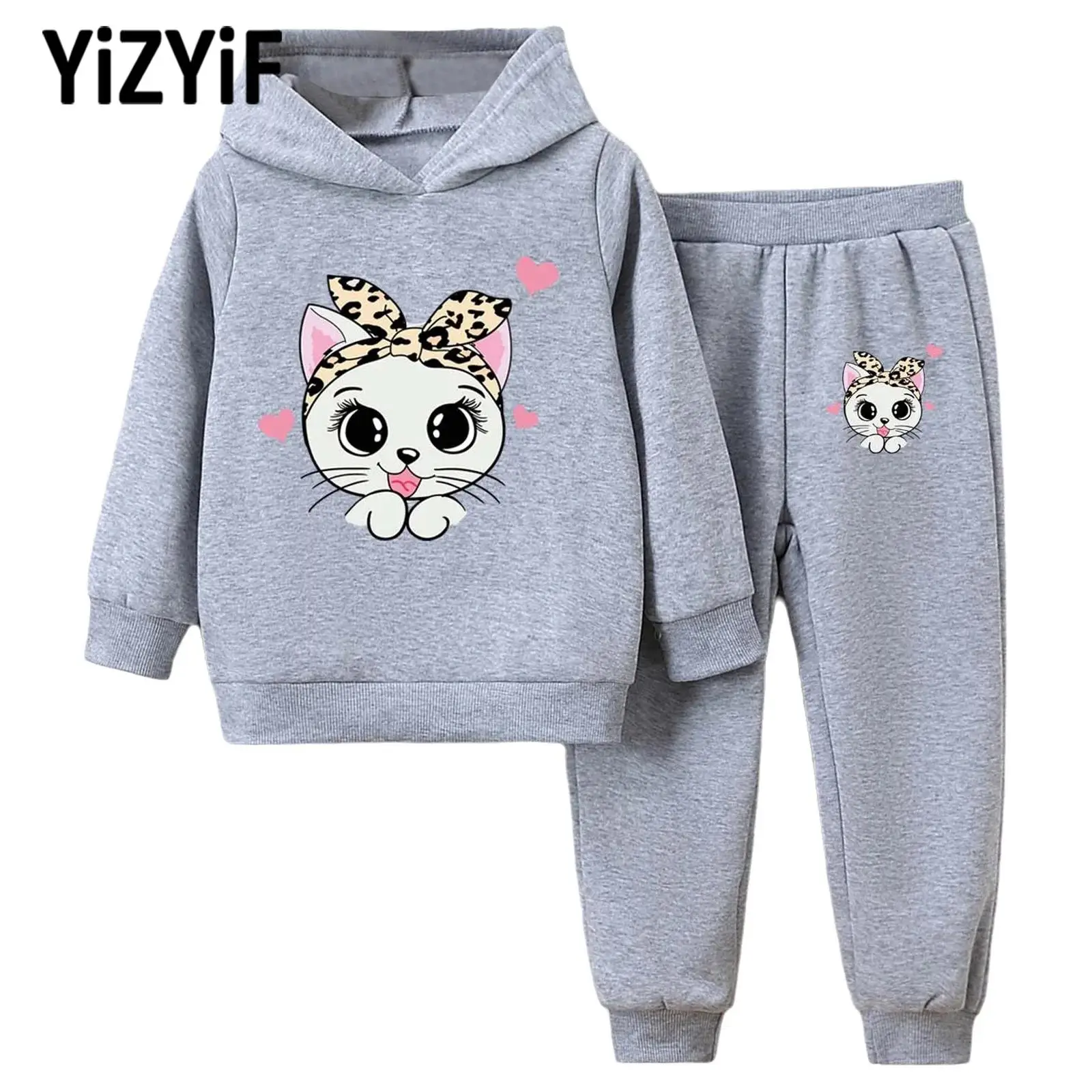 

Kids Girls Leopard Sports Exercise Suit Two Piece Tracksuit Soft Warm Long Sleeve Heart Print Pullover Sweatshirt+Pants Set