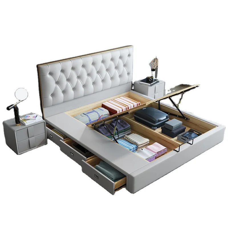 

#New Type Modern Leather Bedd Frame Set Double1.8m Large King Size Bed Solid Wood Bedding Set