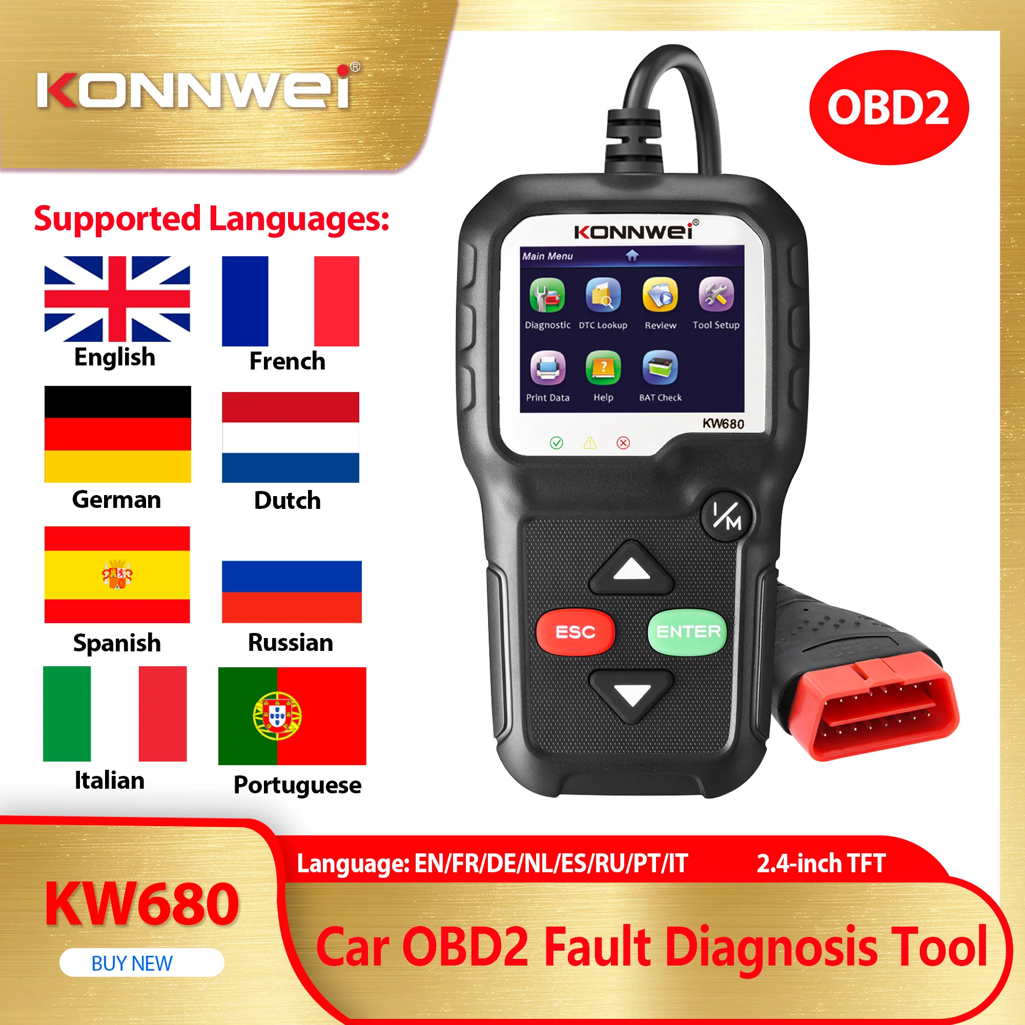 

Автосканер KONNWEI KW680 2026 года, диагностический инструмент OBD2 для автомобилей, считыватель кодов неисправностей, проверка аккумулятора, аналог ELM327