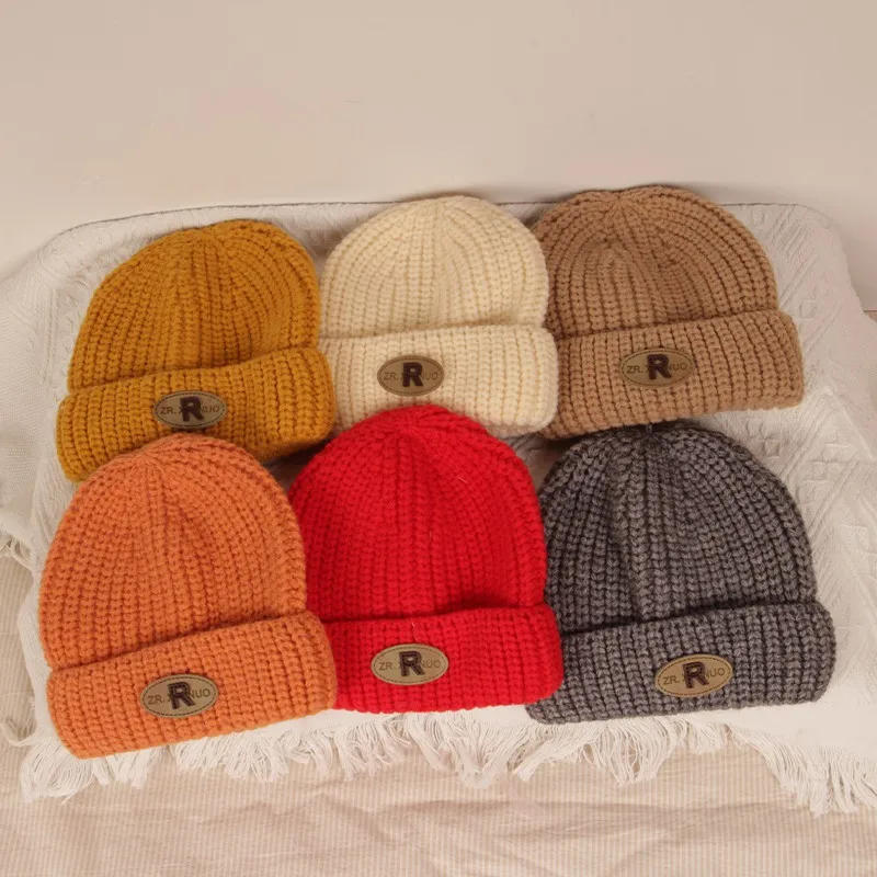 Autumn Winter Baby Warm Knitted Hats Solid Color Letter Children Beanie Hat Hat Soft Comfortable Kids Bonnet For 1-8Years