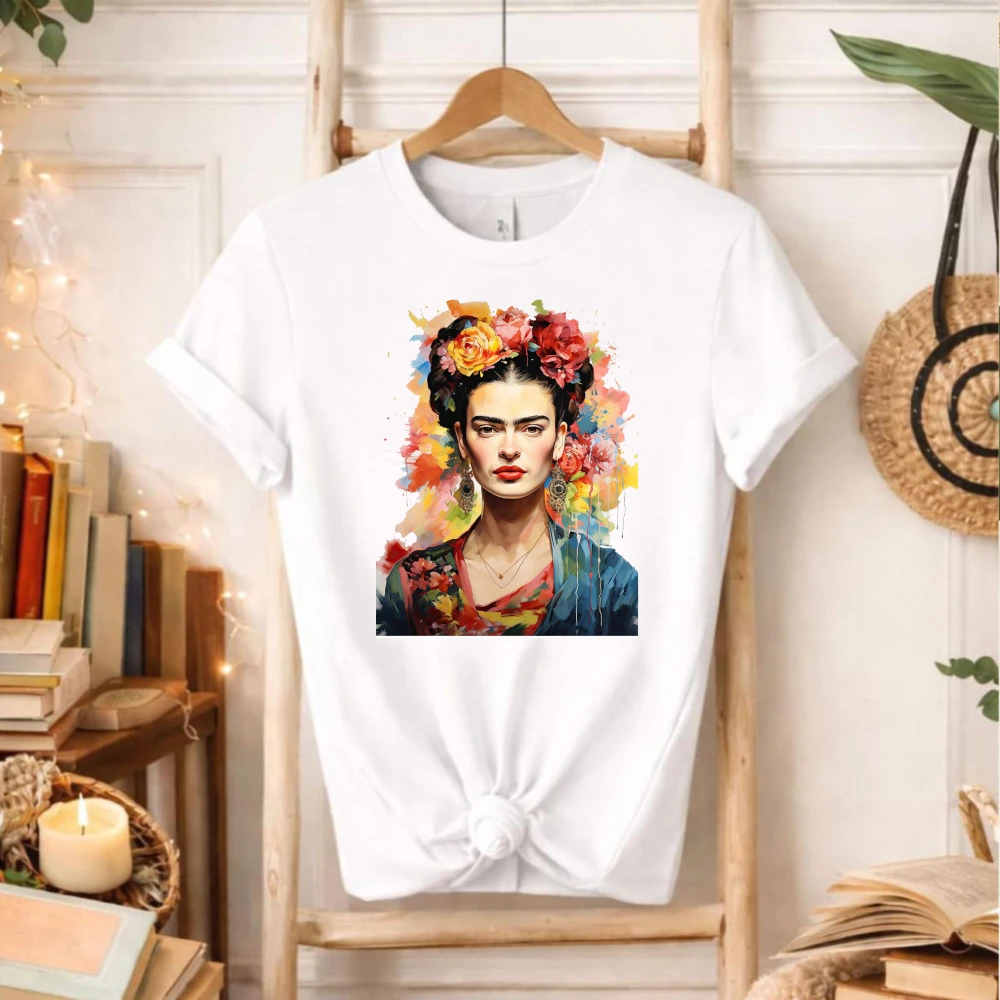 Frida Kahlo T-Shirt Watercolor Floral Portrait Graphic Tee Vintage Mexican Artist Shirt Boho Feminist Art Lover Gift Cotton Tops
