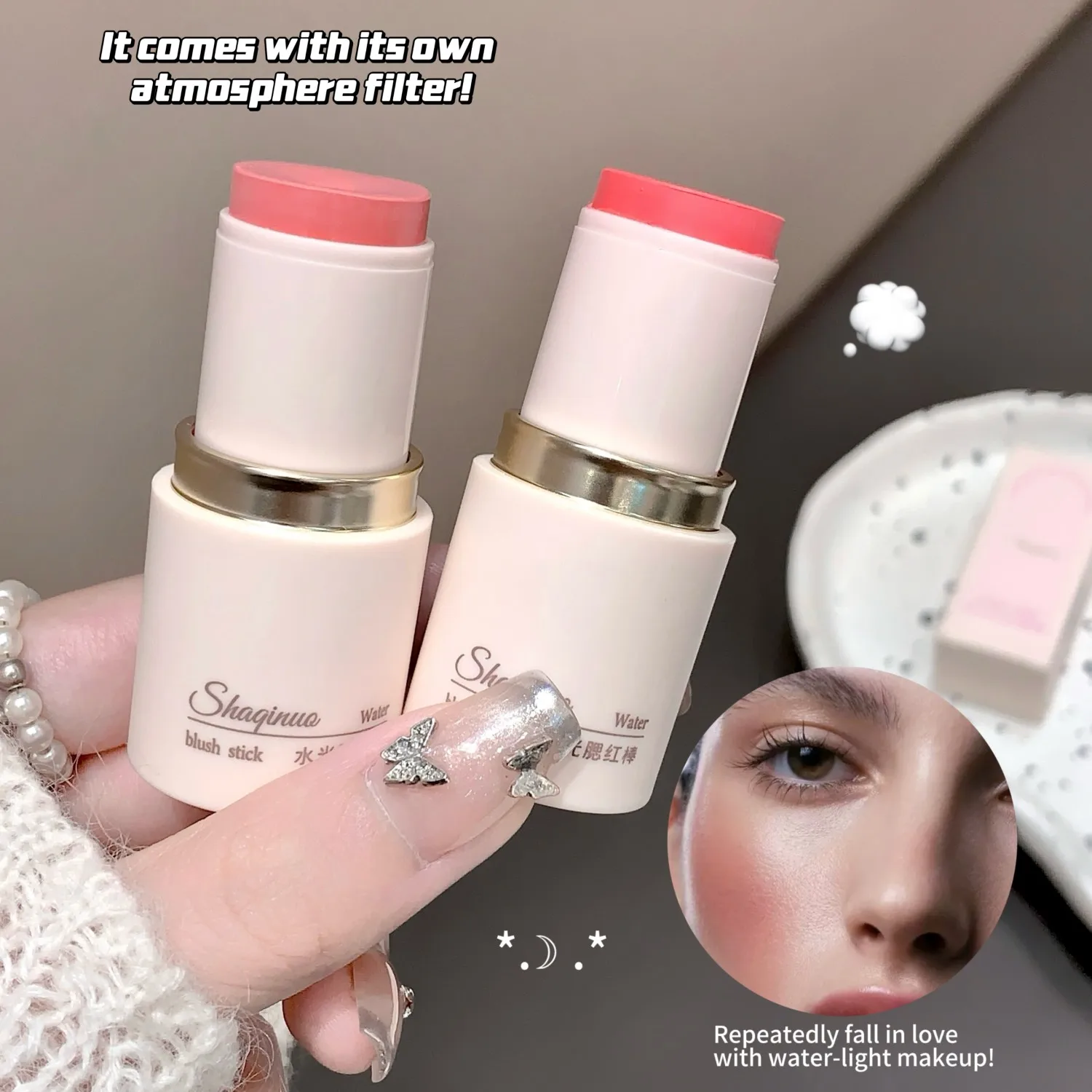 SHAQINUO Cream Blush Stick - Watery Glow, Long-Lasting, Natural Tint, Korean-Style Cheek Makeup for Fresh Look