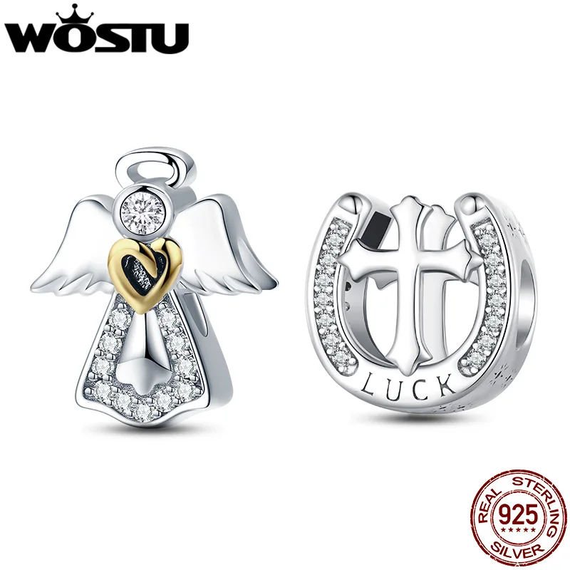 WOSTU 925 Sterling Silver Cross Charm Guardian Angel Pendant Lucky Horseshoe Beads Fit DIY Bracelets Necklace Birthday Jewelry