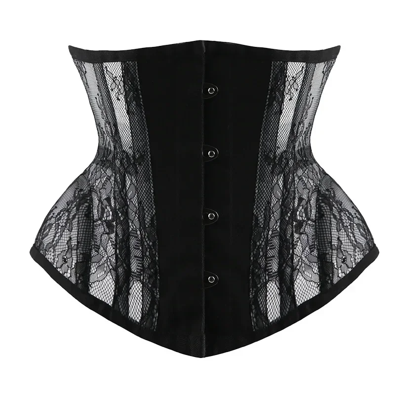 Waist Trainer Corset Top Plus Size Spiral Steel Boned Gothic Women Sexy Lace Mesh Body Shaper Underbust Bustier Black