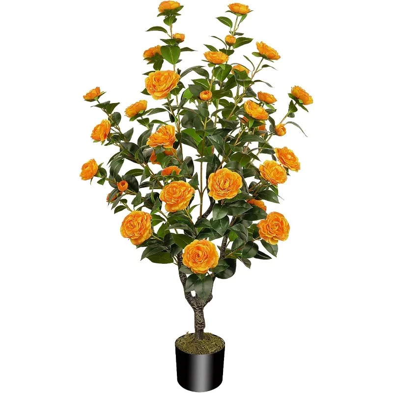 

Artificial Tree with Camellia Flowers Fake Fall Tree with 32 Blooming Flowers Orange Tree