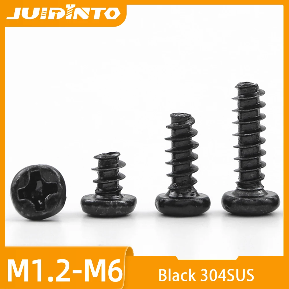 JUIDINTO 10-50pcs/bag Phillips Pan Head Flat Tail Self Taping Screws 304 Black Stainless Steel Cross Round Head Screws M1.2-M6