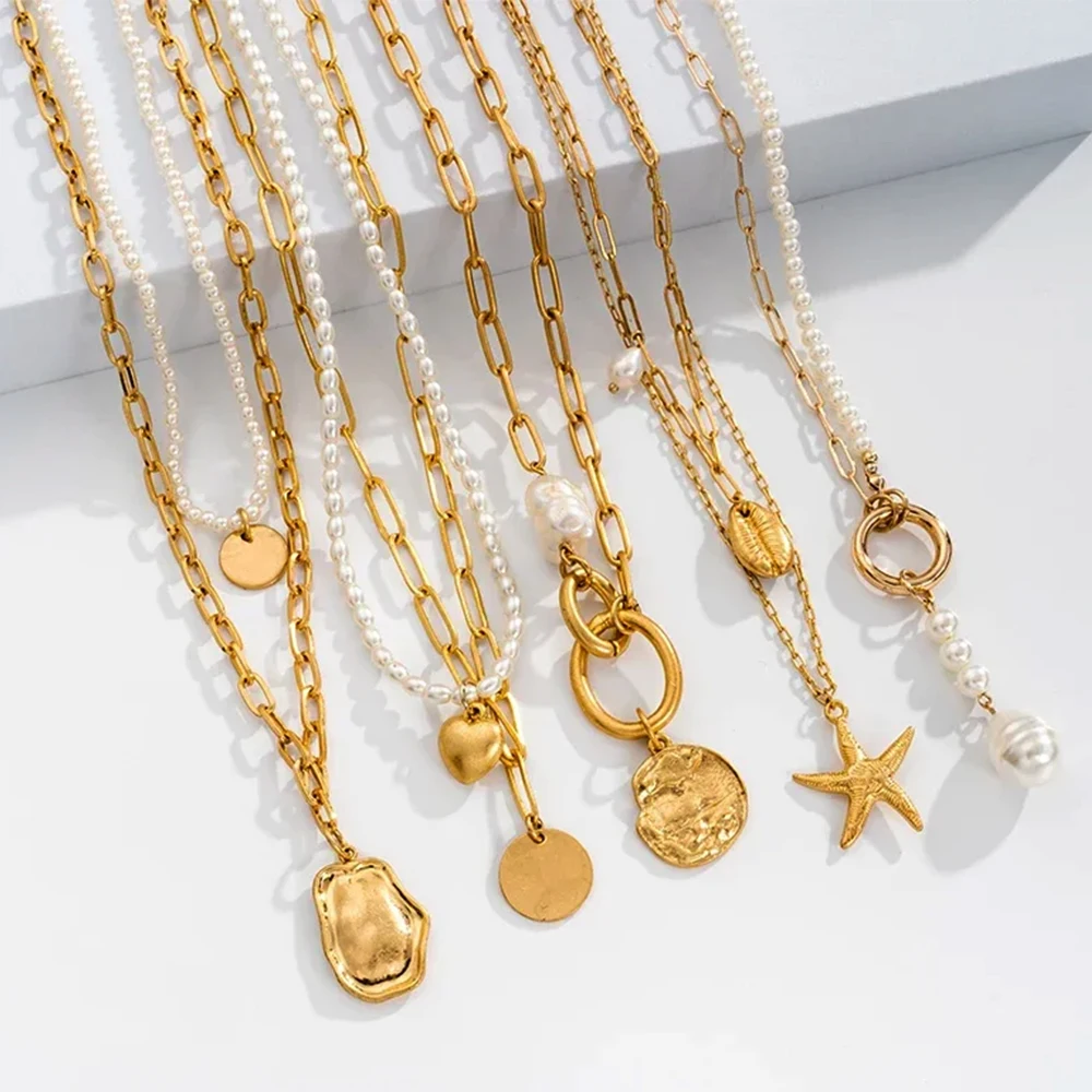 

Vintage Freshwater Pearl Golden Necklace Coins Ladies Chain Delicate Pendant Charm Stainless Steel Moroccan Jewelry Accessories