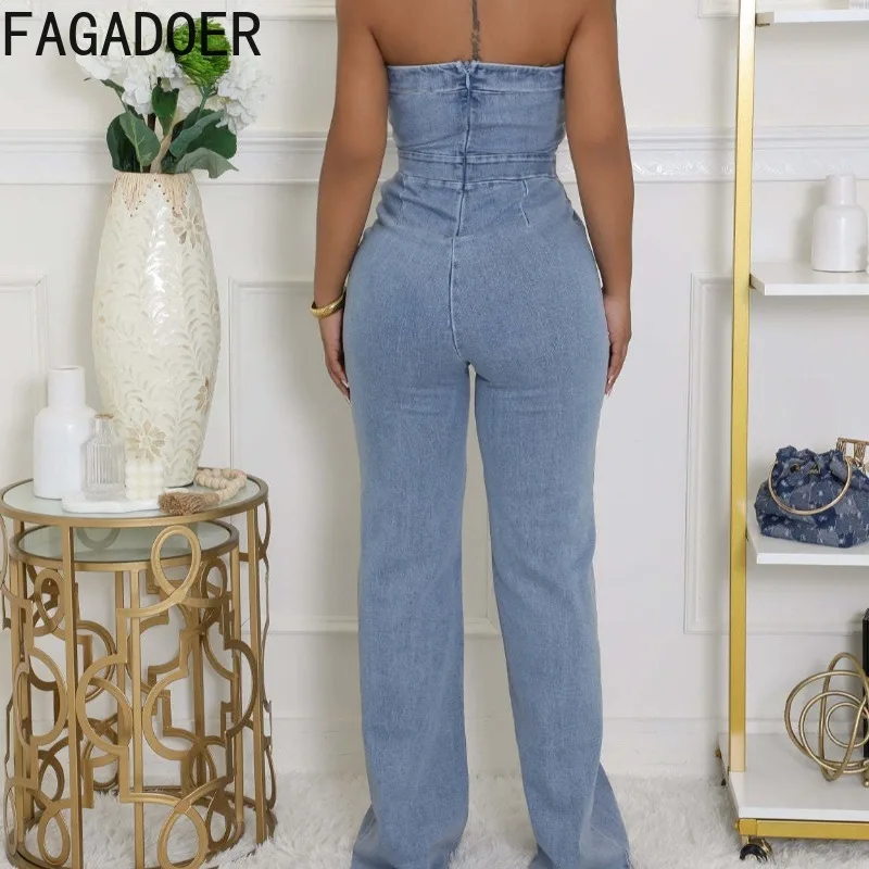 FAGADOER Summer New Sexy Denim Bodycon Jumpsuit Women Sleeveless Backless Straight Jeans Romper Female Streetwear Overalls 2025
