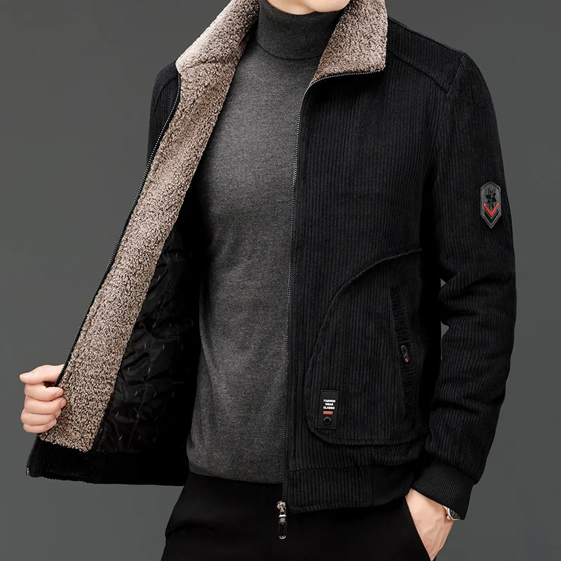 

Men Corduroy Parka Jacket Men's Winter Fleece-lined Thickened Fashion Baseball Collar Lamb Fur Parka Men's Windproof Coat Parka