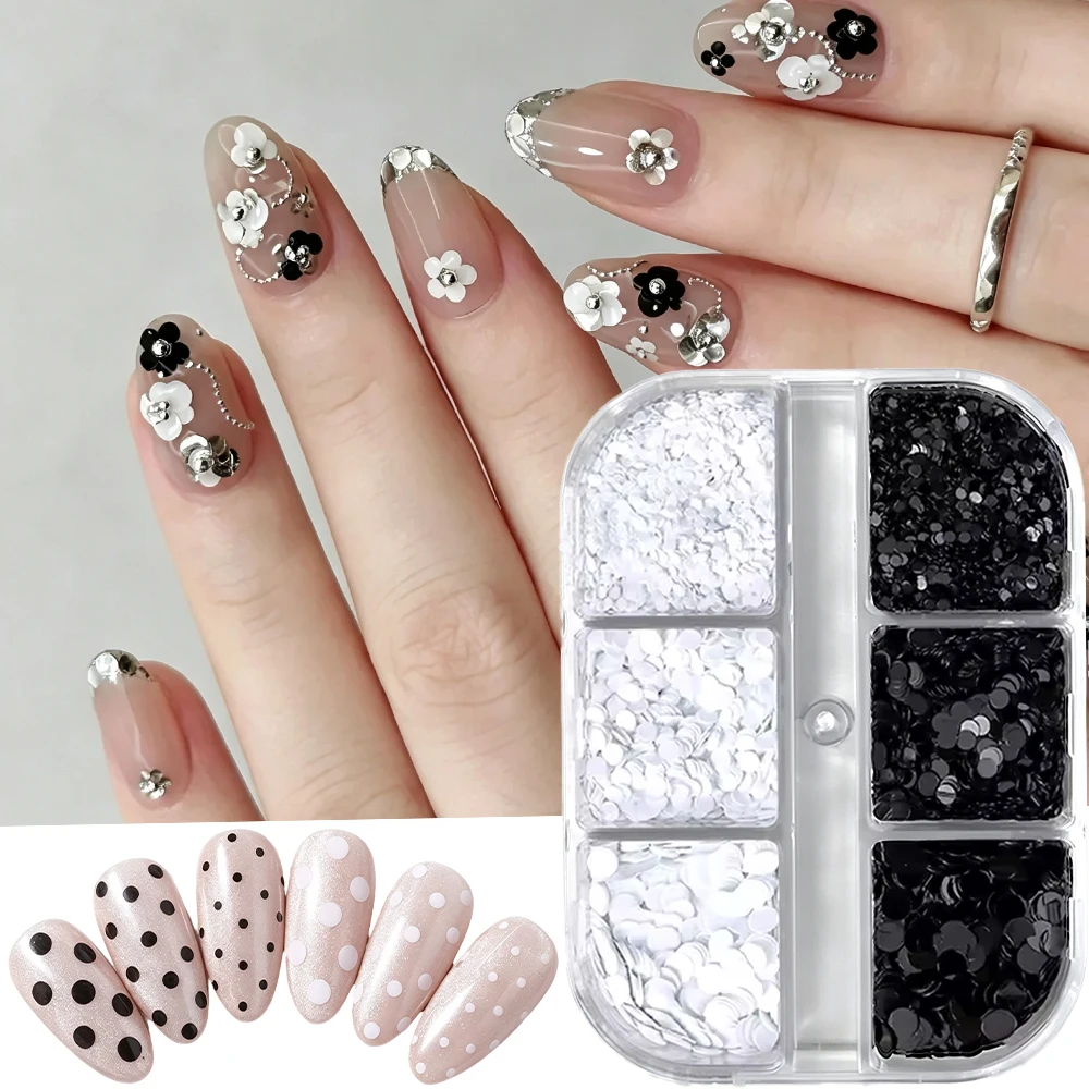 6Grids 3D Black White Round Nail Sequins Mixed Polka Dots Glitter Nail Flake Spliced ​​Flower Manicure Paillettes DIY Nail Decor