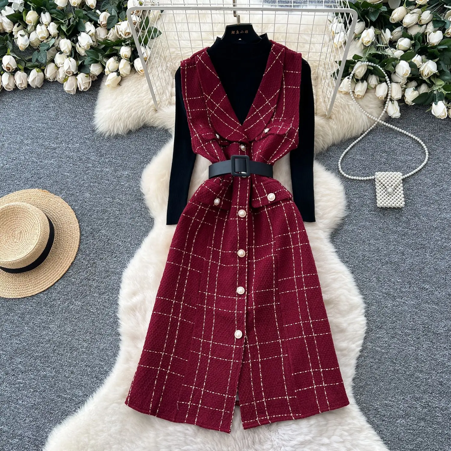 Women Two Pieces Dresse Sets Knitted Matching SetsTweed Plaid Sleeveless Mid Calf Lenth Dress High Neck Top Casual 2025 Autumn