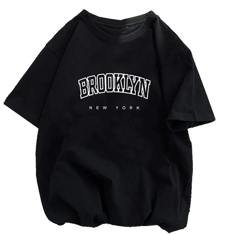 Camiseta deportiva informal para mujer, Top elástico con estampado de Brooklyn, Nueva York, cuello redondo, tejido transpirable, camiseta de Fitness de manga corta