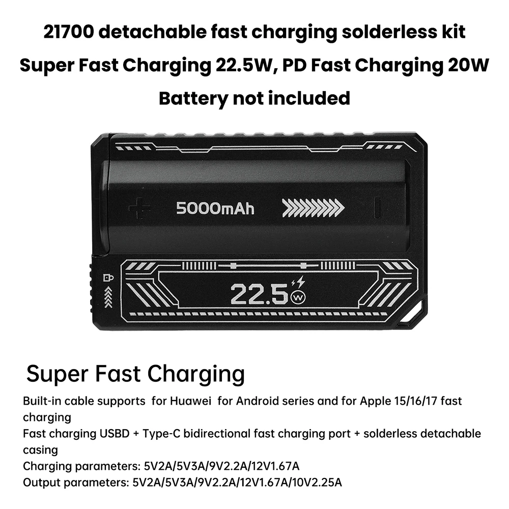 21700 Batteriehalter Powerbank-Gehäuse PD 20W Schnellladung Eingebautes Kabel Abnehmbare Powerbank DIY Batteriegehäuse – Detail 11