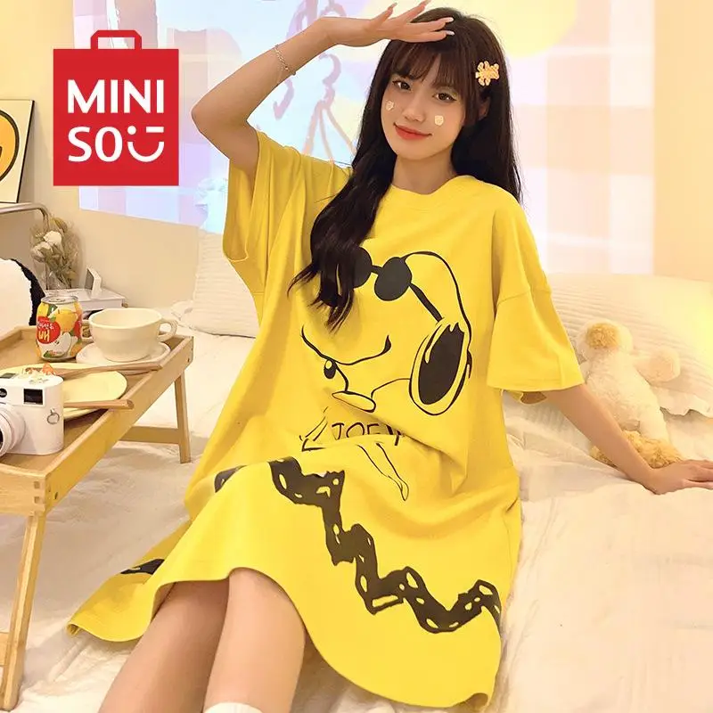 

MINISO Kawaii Anime Cartoon Series Snoopy Summer Pure Cotton Nightgown Women's Thin Loose Short-Sleeved Mid-Length Home Clothes