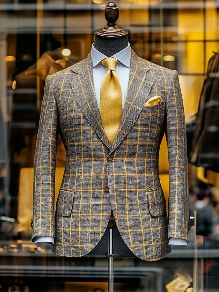 Mens British Style Windowpane Grid Blazer Notch Lapel Single Breasted Slim Fit Wedding Formal Suit Jacket Men Outerwear