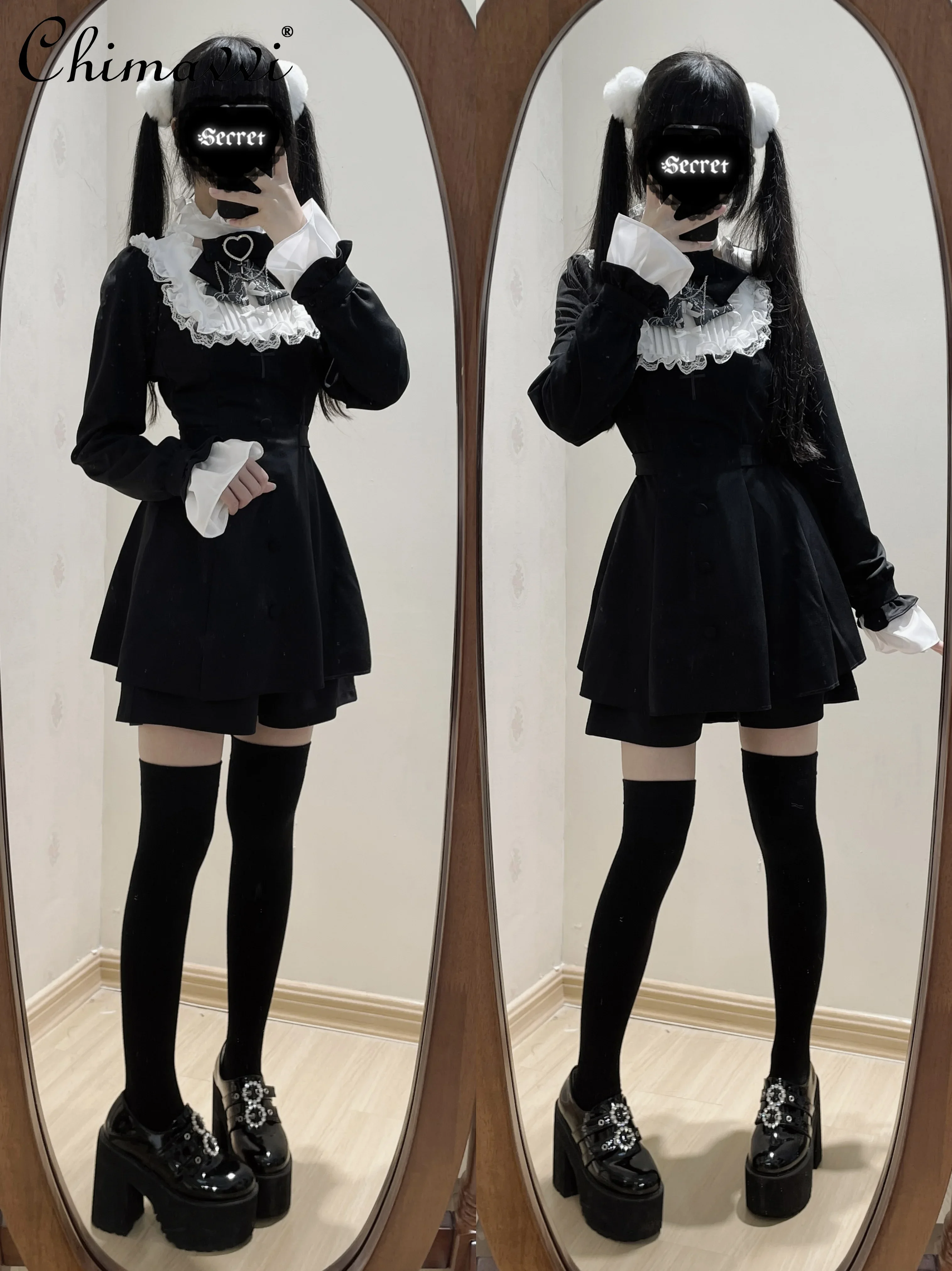 Japanische Mine Spitze lang ärmel ige Stickerei Taille Spleißen Massen produktion kurze Sets süße Mädchen Kleid Shorts Lolita zweiteiliges Set