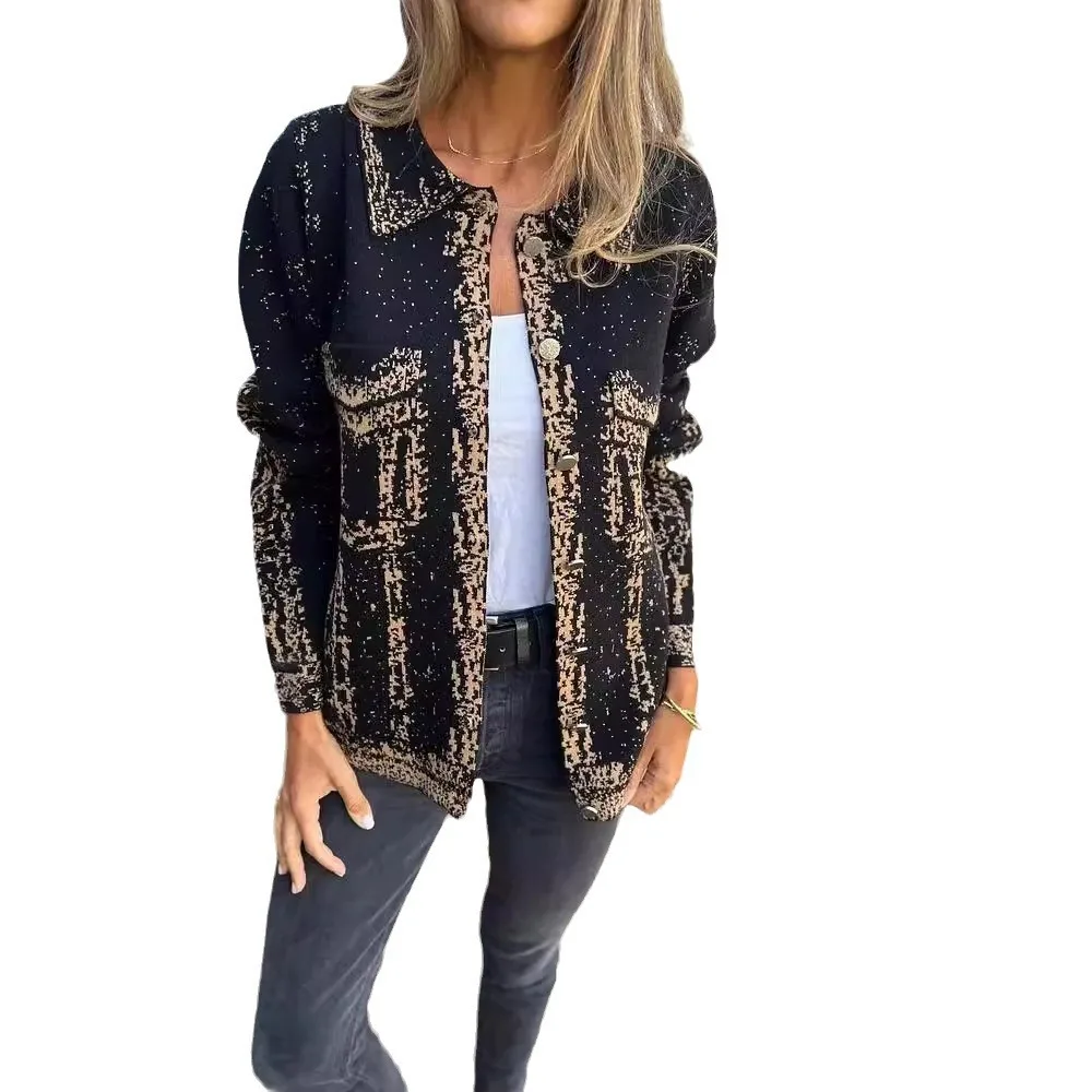 

2025 new fashion printed button jacket for women autumn casual loose lapel long sleeve pocket jacket for women