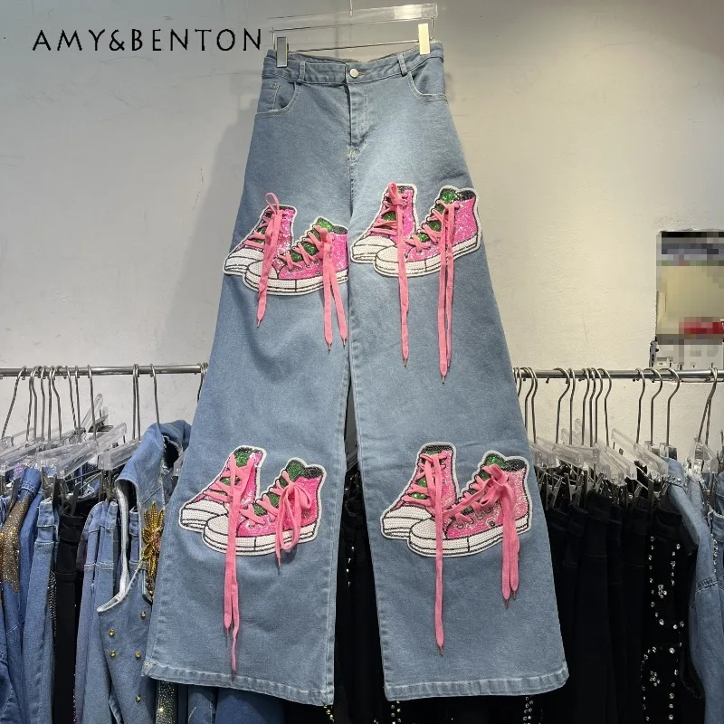 

Women's Denim Wide-Leg Pants 2025 Fashion Three-Dimensional Personality Sequin Shoe 3D Decoration Zipper Long Jeans For Ladies