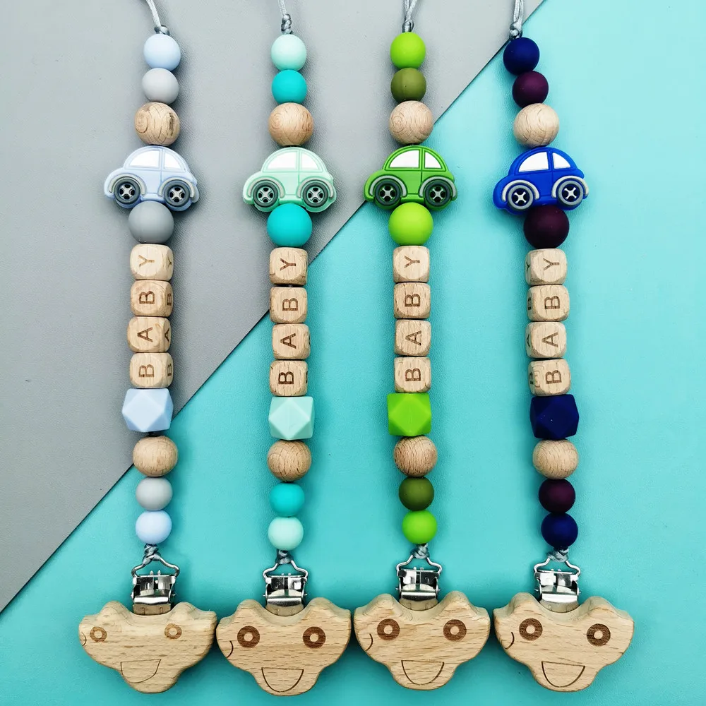 Custom Letter Names Car Baby Pacifier Chains Clips Teether Pendants for Baby Infant Chew Leash Nipple Holder Teether Toys Gifts