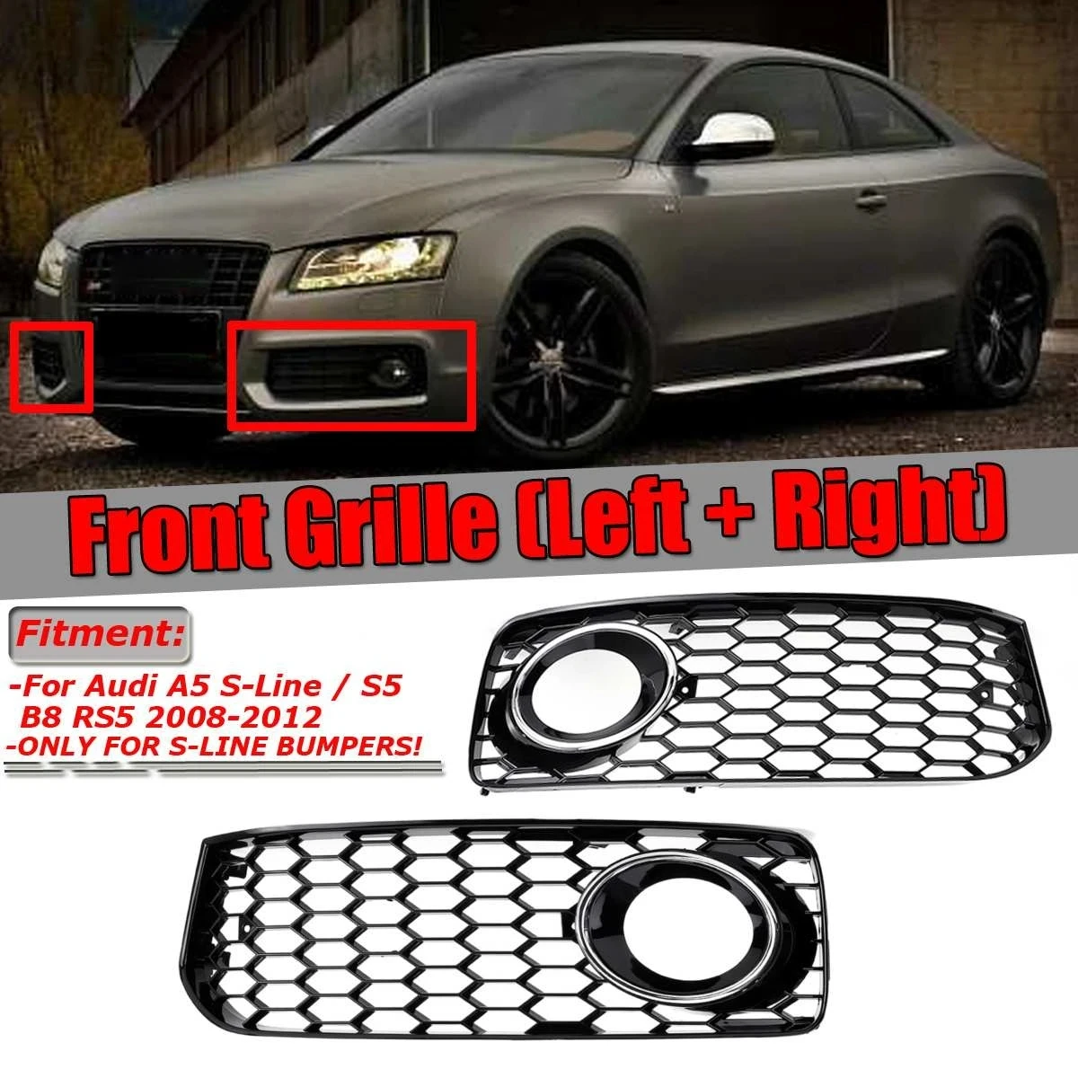 1 Pair Car Front Fog Light Racing Grille For Audi A5 S-Line S5 B8 RS5 2008-2012 Honeycomb Mesh Fog Lamp Cover Grille