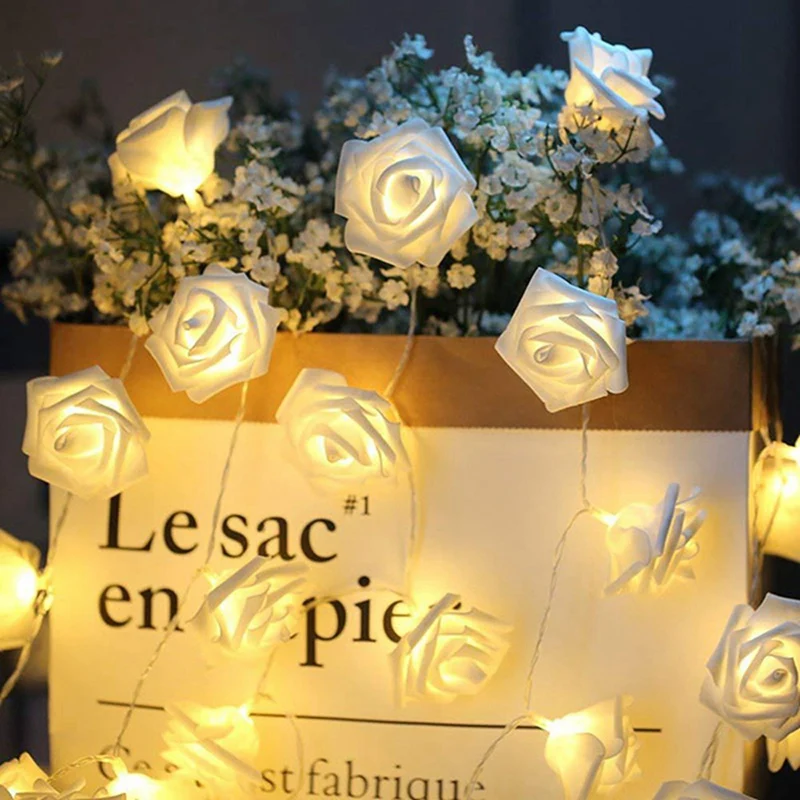 1Pack 10/20Led White Rose Flower String Lights Battery Operated for Valentine'S Day Wedding Home Party Birthday Decorations
