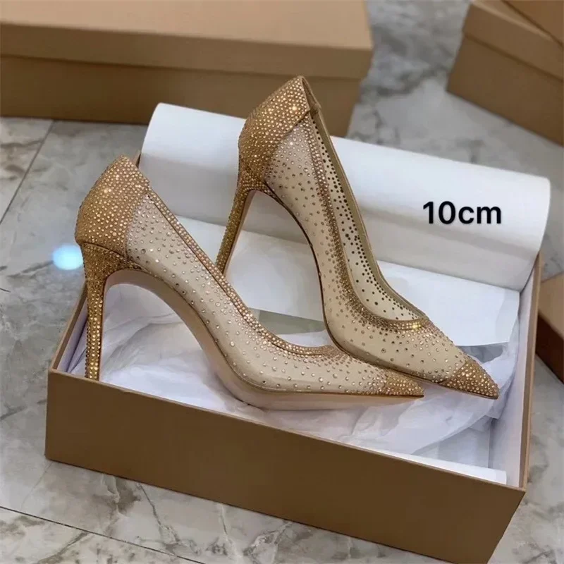 New lace style high heels women\'s transparent sexy fashion sandals, crystal wedding shoes, French style temperament single shoes