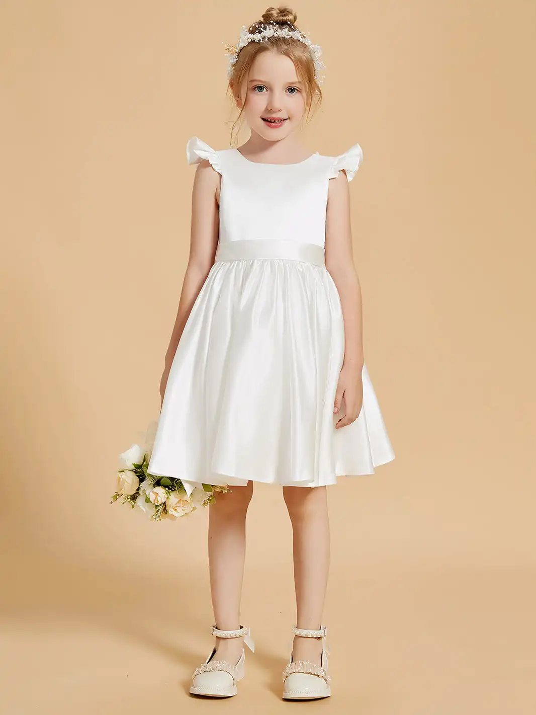 Charming Scoop Neck Satin Flower Girl Dresses Flutter Sleeves Wedding Children Birthday Knee Length Party Gowns