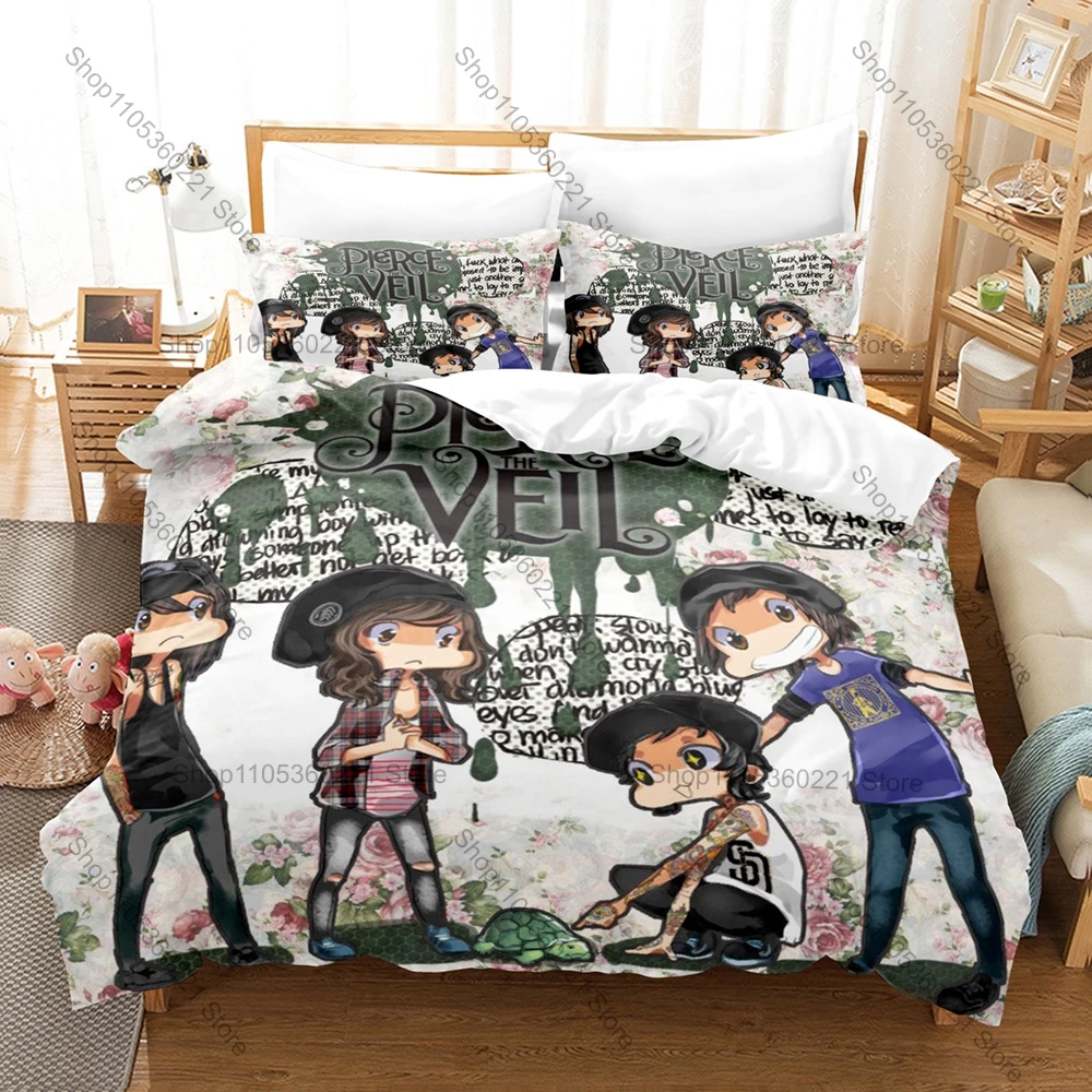 Cool Pierce The Veil Duvet Cover + 2 Pillowcases, Rock Band Print Bedding Set Soft Bed Linen for Music Fans Bedroom Decor