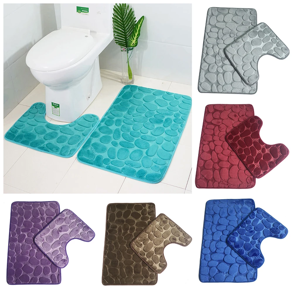 2pcs/Set Funnel Cobblestone Bath Bathroom Anti-Slip Carpet Mat Toilet Rug New Bathroom Mat Set