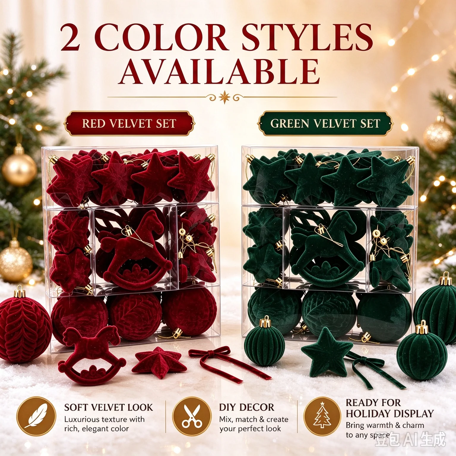 58PCS Velvet Flocked Christmas Ball Ornament Set Red Green Baubles DIY Christmas Tree Decor Holiday Home Party Hanging Decor