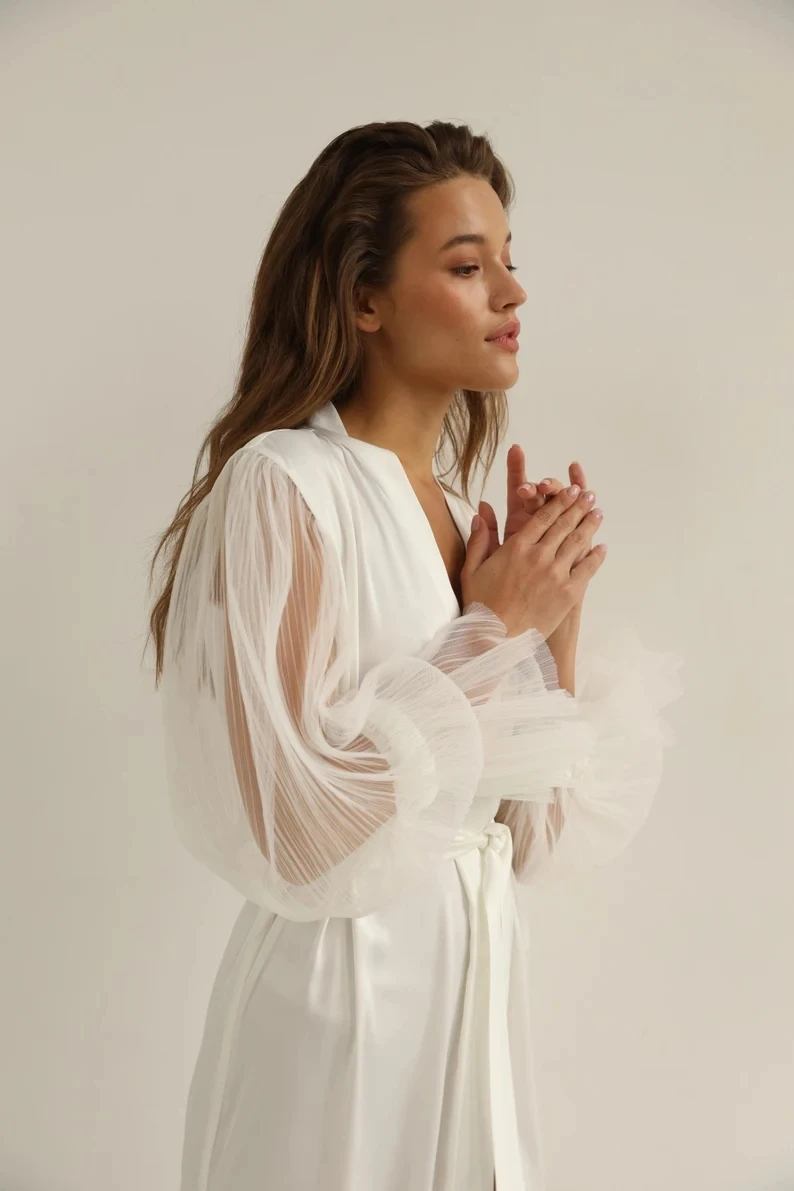 Robe de mariée en satin à manches larges pour femmes, robe de mariée boudoir, longueur au sol, inj Party, patients blancs