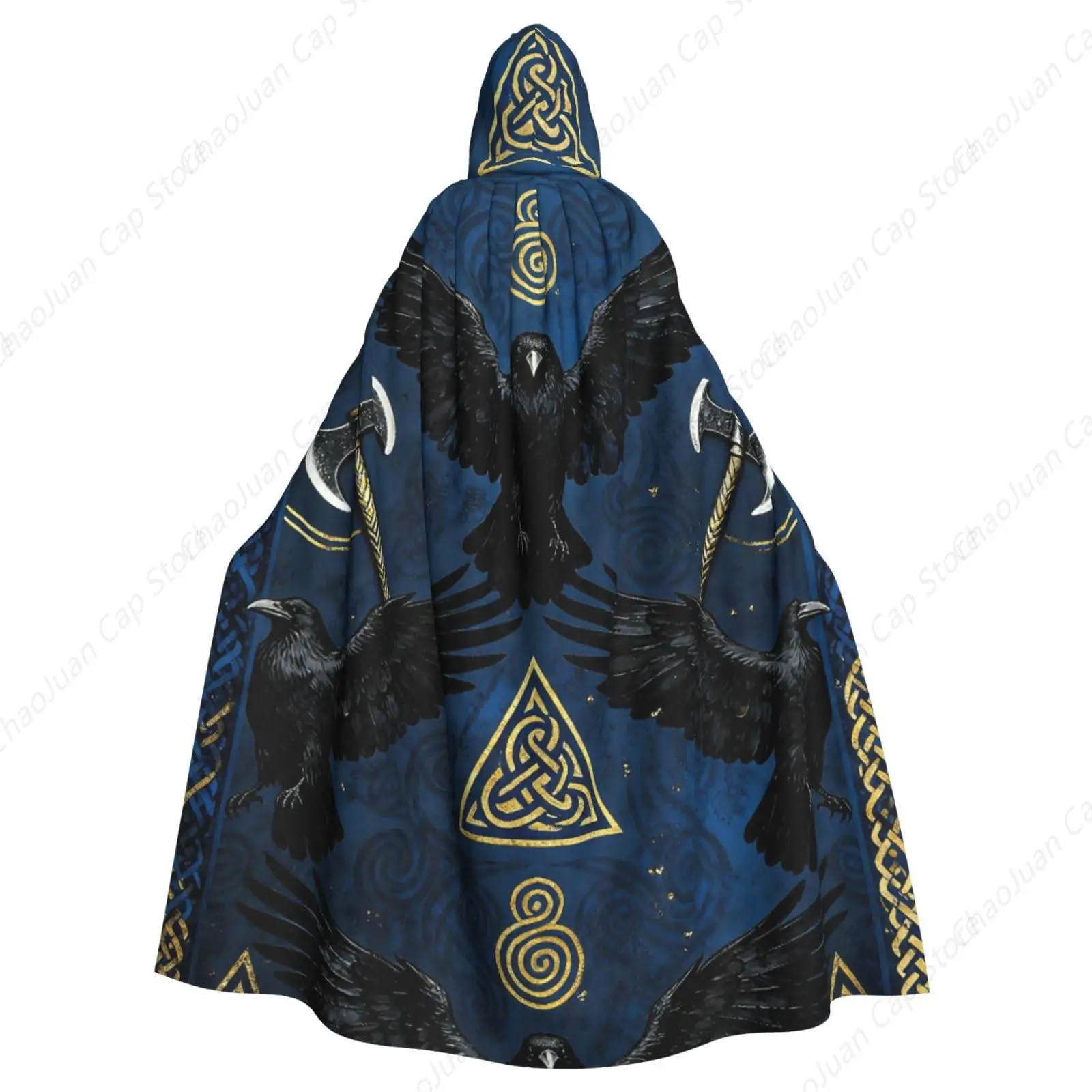 

Celtic Raven Hooded Cloak, Mystical Norse Design with Black Crows Hooded Cape, Unisex Adult Robe for Halloween Cosplay