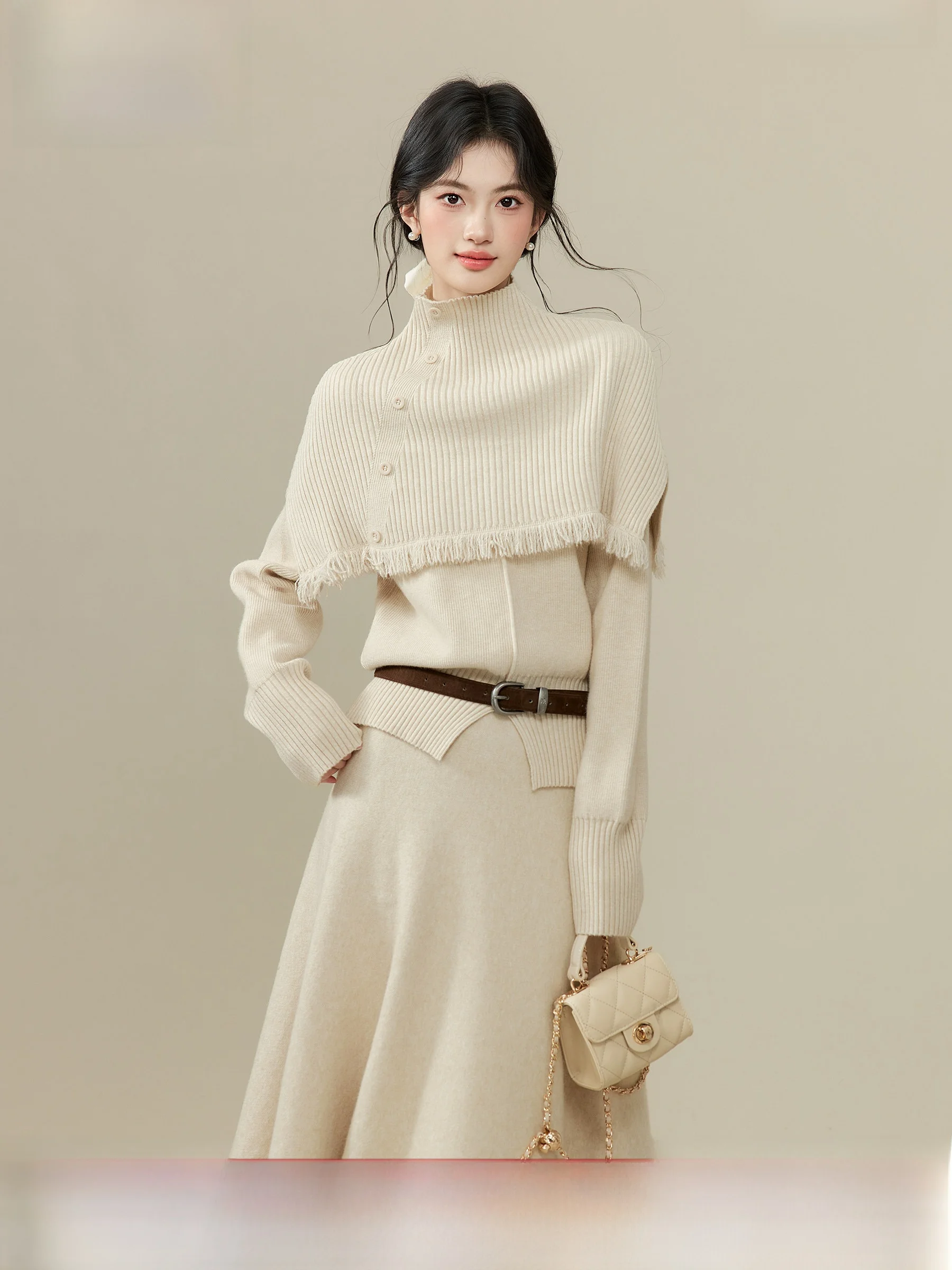 

Мягкий вязаный свитер с бахромой, удлиненный, облегающий, базовый комплект из двух предметов для женщин, теплый, тонкий, зимний, повседневный стиль