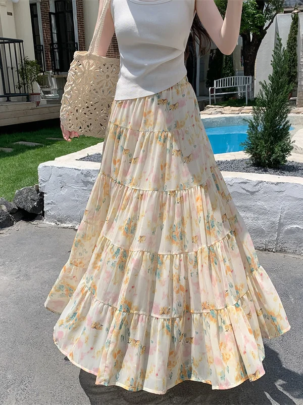 

Summer Korean Style Gentle Wind Chiffon Print Maxi Skirt Multi Layer Splicing Fairy Skirt a Line Long Skirt Breathable Skin F...