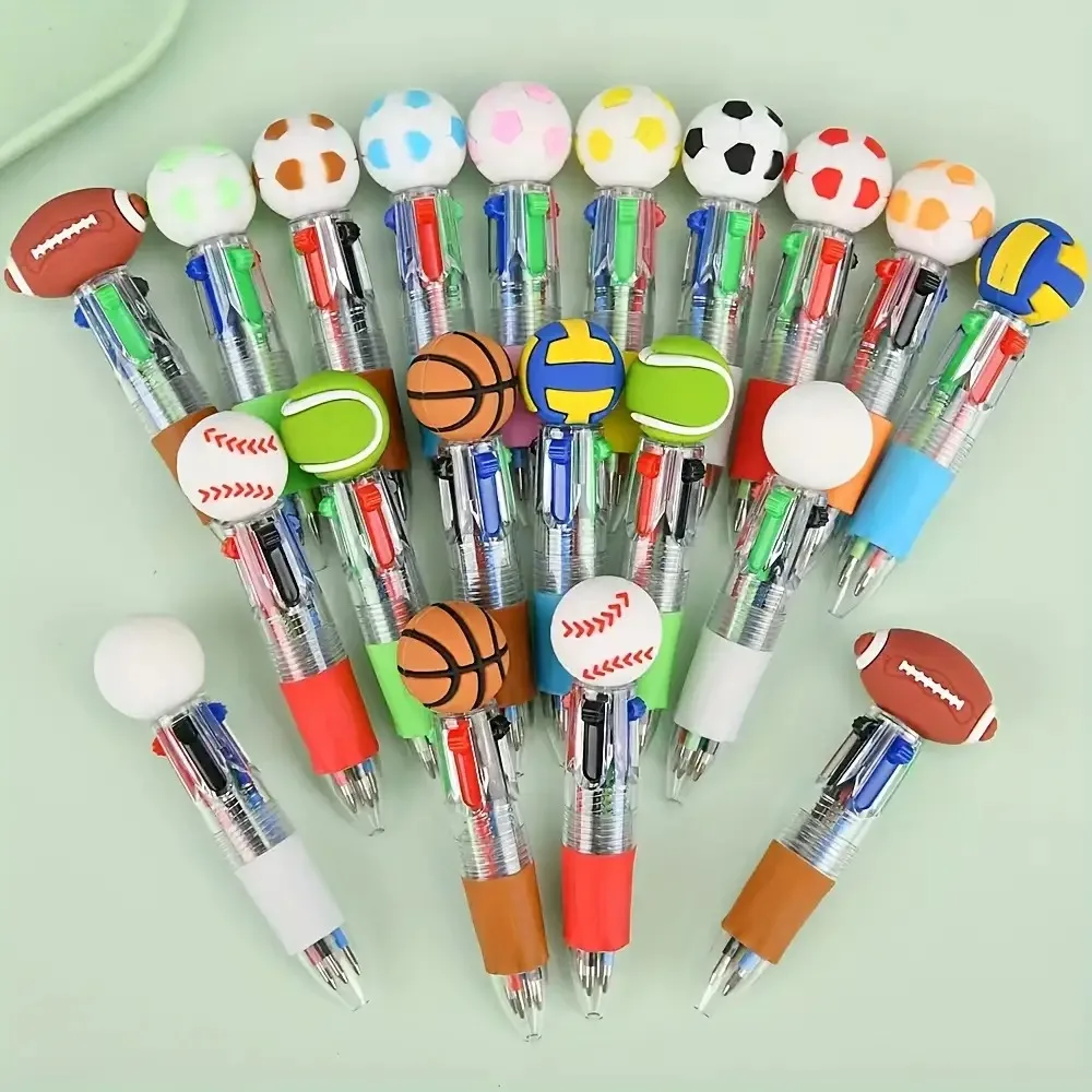 5/10/15 stuks vierkleurige balpennen set met balthema - voetbal basketbal rugby ontwerp veranderen van kleuren gemakkelijk cadeau voor kerst-id - afbeelding 2