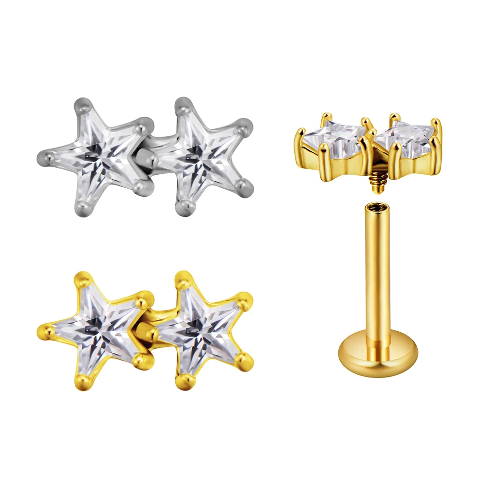 

Double Star Flat Back Labret Piercing Cubic zirconia Internal thread Earrings Tragus Heart 316L Stainless steel Body Jewelry