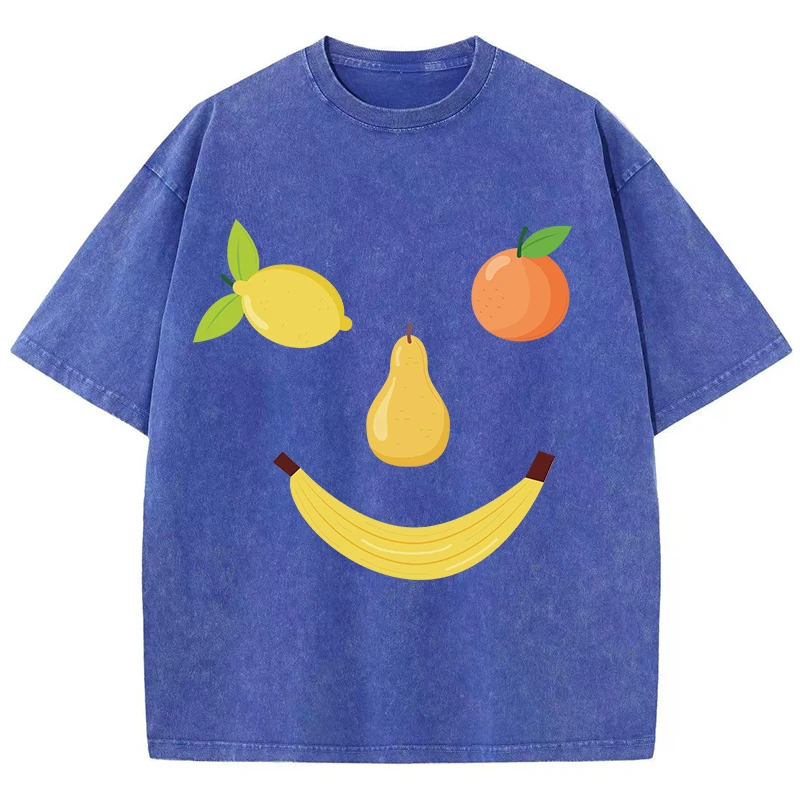 Fruit Smiling Face Cotton Washed T Shirts Women Funny Design Prints T-Shirt O-Neck Oversize Acid Wash Tops Street Woman Clothes