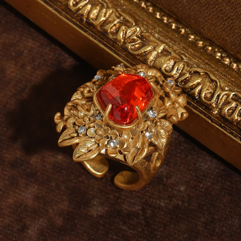 

Vintage Rings Red Glazed Flower Petals For Woman Rhinestone Gold Plated Branches Leaves Luxury Quality Jewelry Designer 2026 New
