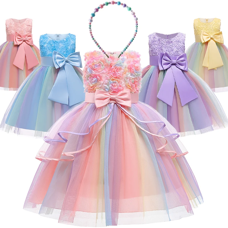 2025 Christmas Rainbow Rose Flower Tiered Cake Dress for Girls Summer Elegant Kids Birthday Party Wedding Evening Occasion Dress