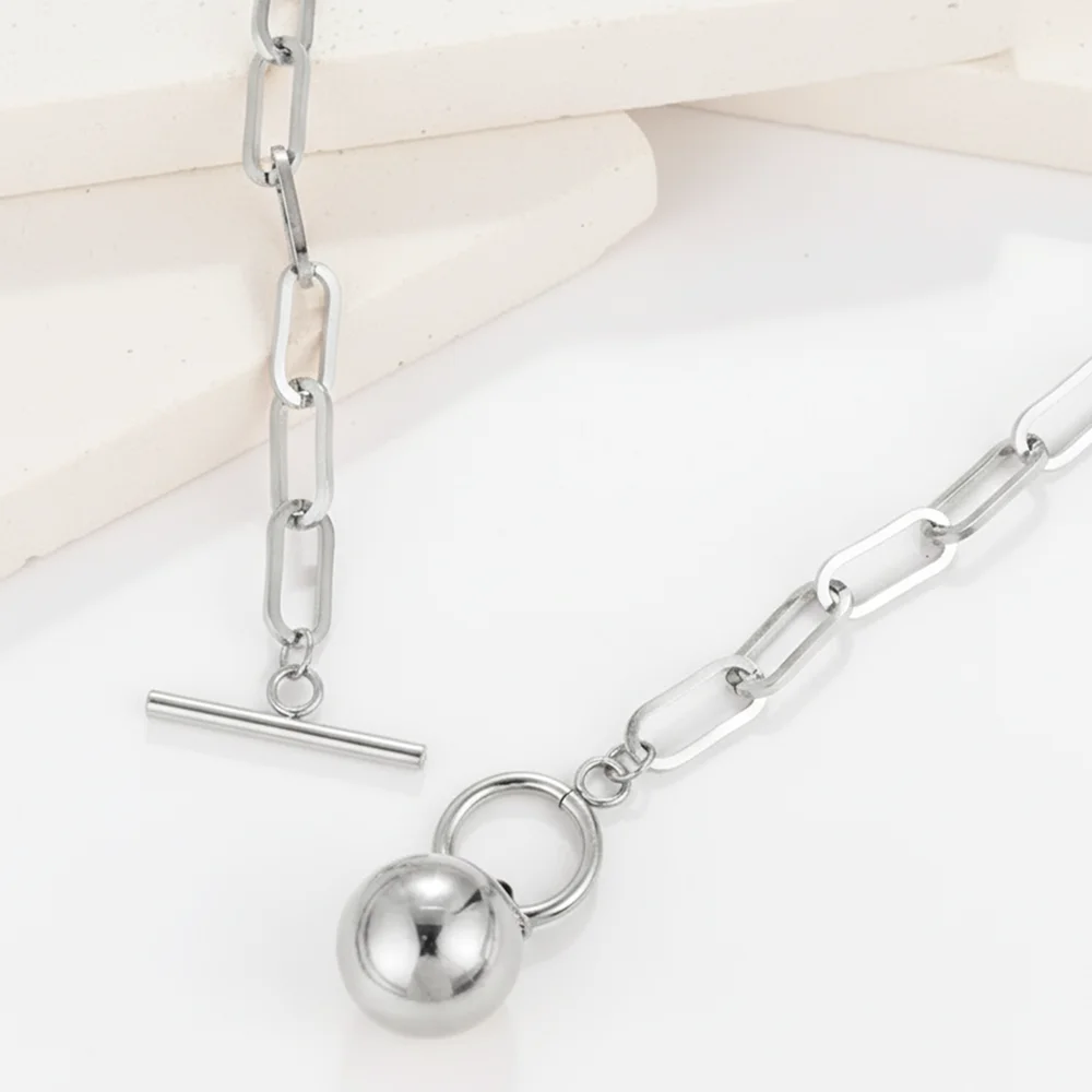 Stainless Steel Spherical Pendant Necklace Ot Clasp Design Stylish Minimalist Paperclip Chain Collar Bone Chain Women's Jewelry