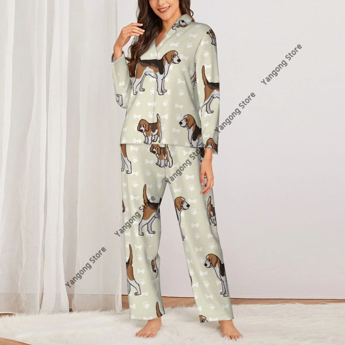 Spring and Autumn Pajama Set Women's Long Sleeve Pants Two Piece Cute Puppy And Foxhound Hunting Dog Home Furnishing Set