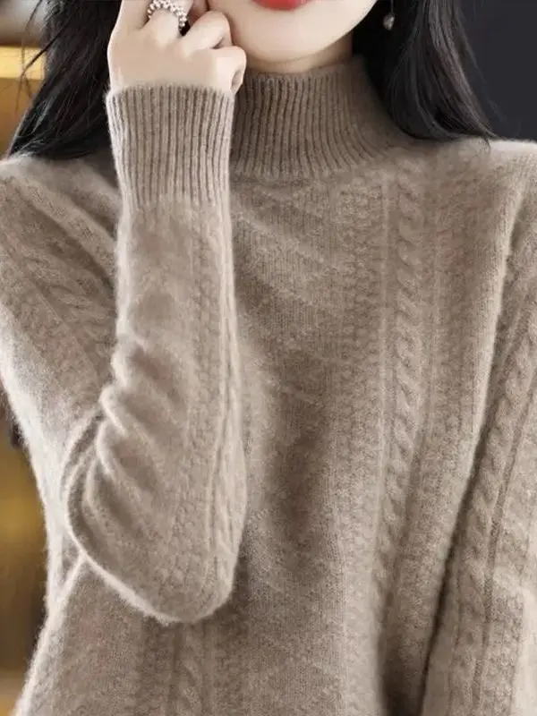 

Осень-зима Thiened Long Sve вязаный свитер женский свободный с высоким воротником теплый однотонный базовый универсальный трикотаж