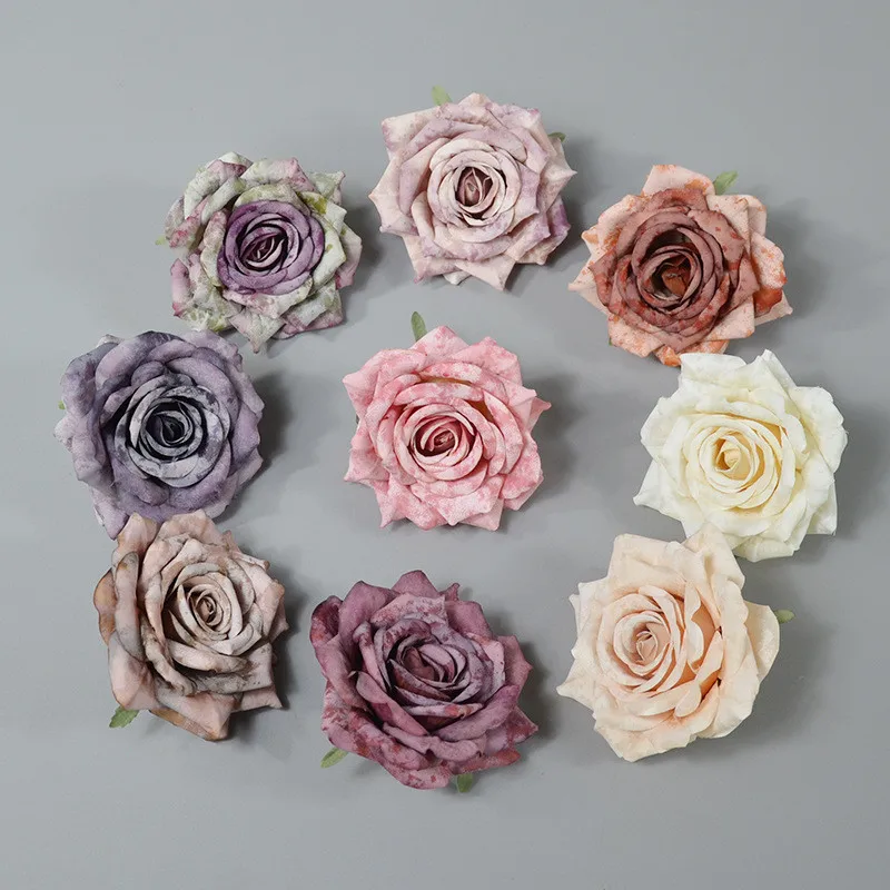 

50pcs 10CM 9Color Artificial Silk Rose Flower Head Vintage oil painting For DIY Decorative Party Decoration Wedding Wall Bouquet