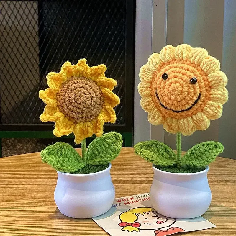 Finished Product Handwoven Lily of The Valley Potted Home Decoration Knitted Simulation Flower Wool Crochet Sunflower Bouquet